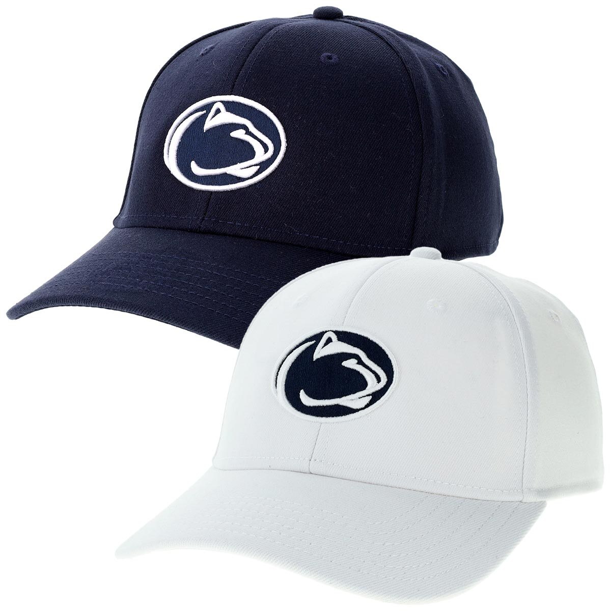 navy and white stretch fit hats with embroidered Penn State Athletic Logos